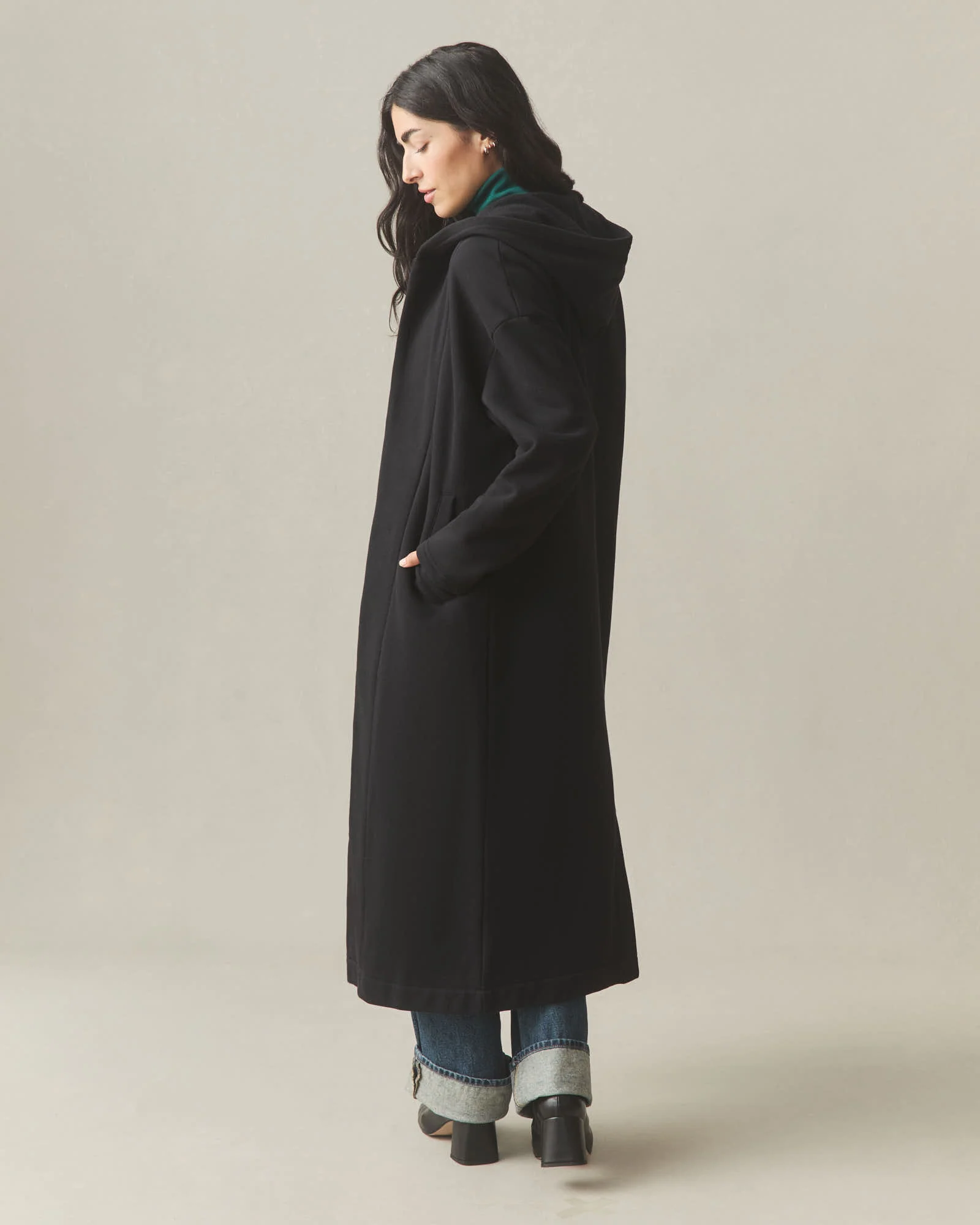 Women's Fleece Long Coat - Black - Image 5