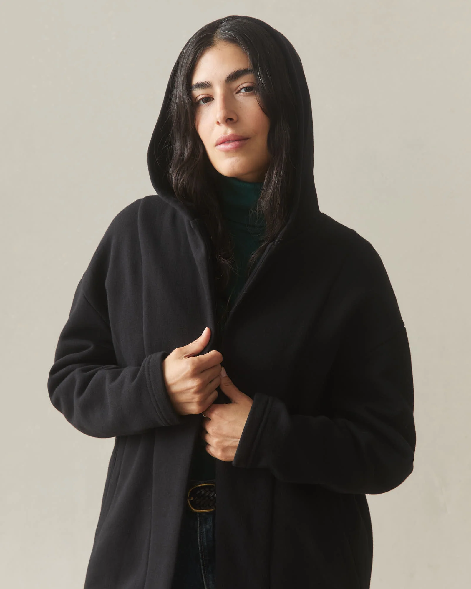 Women's Fleece Long Coat - Black - Image 7