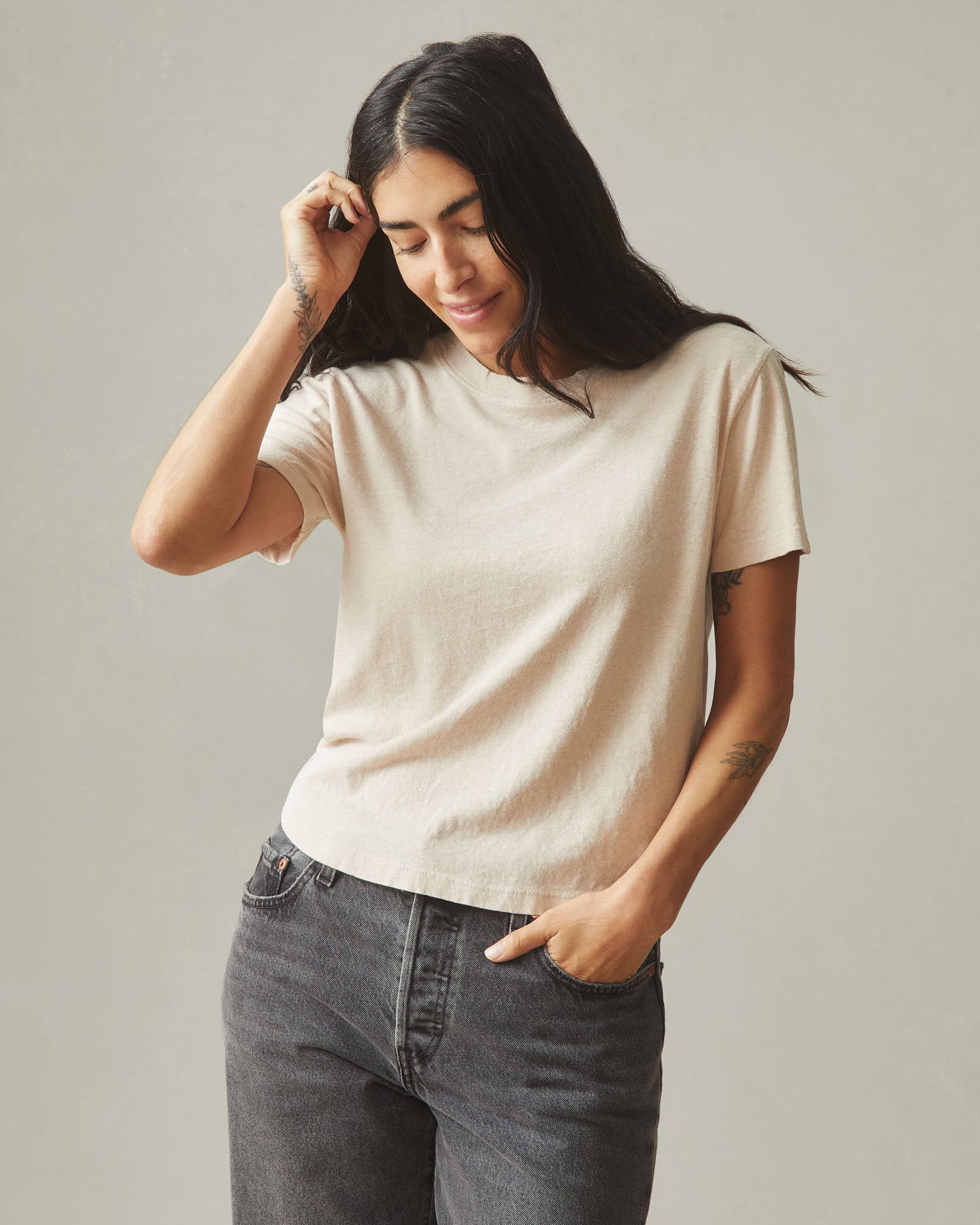 Women's Hemp Jersey Crew Tee - Almond Peach - Image 2