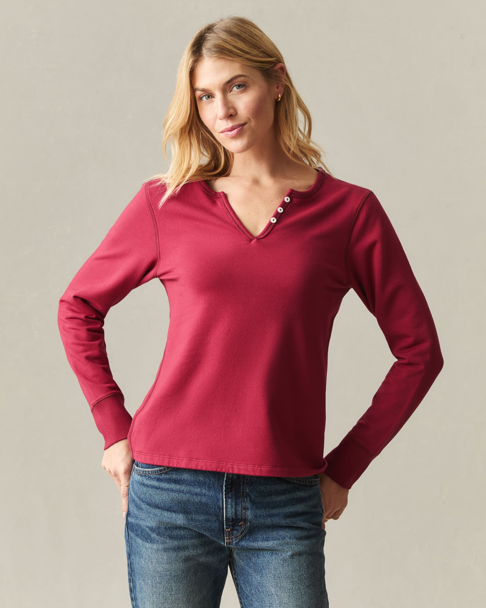 Women's Modal Fleece V-Notch Top - Rio Red - Image 2