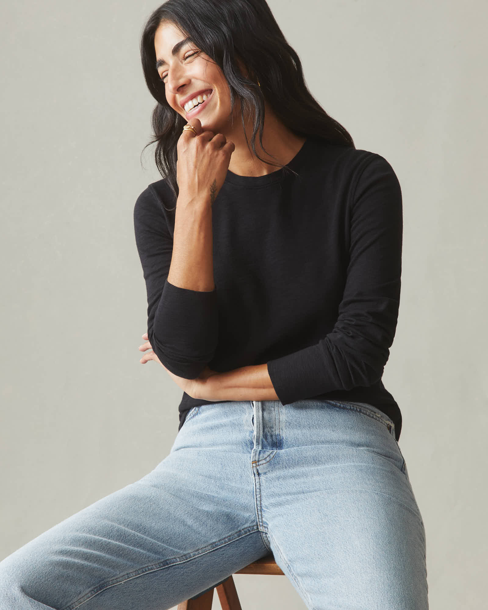 Women's Premium Slub Long Sleeve Crew Tee - Black - Image 5