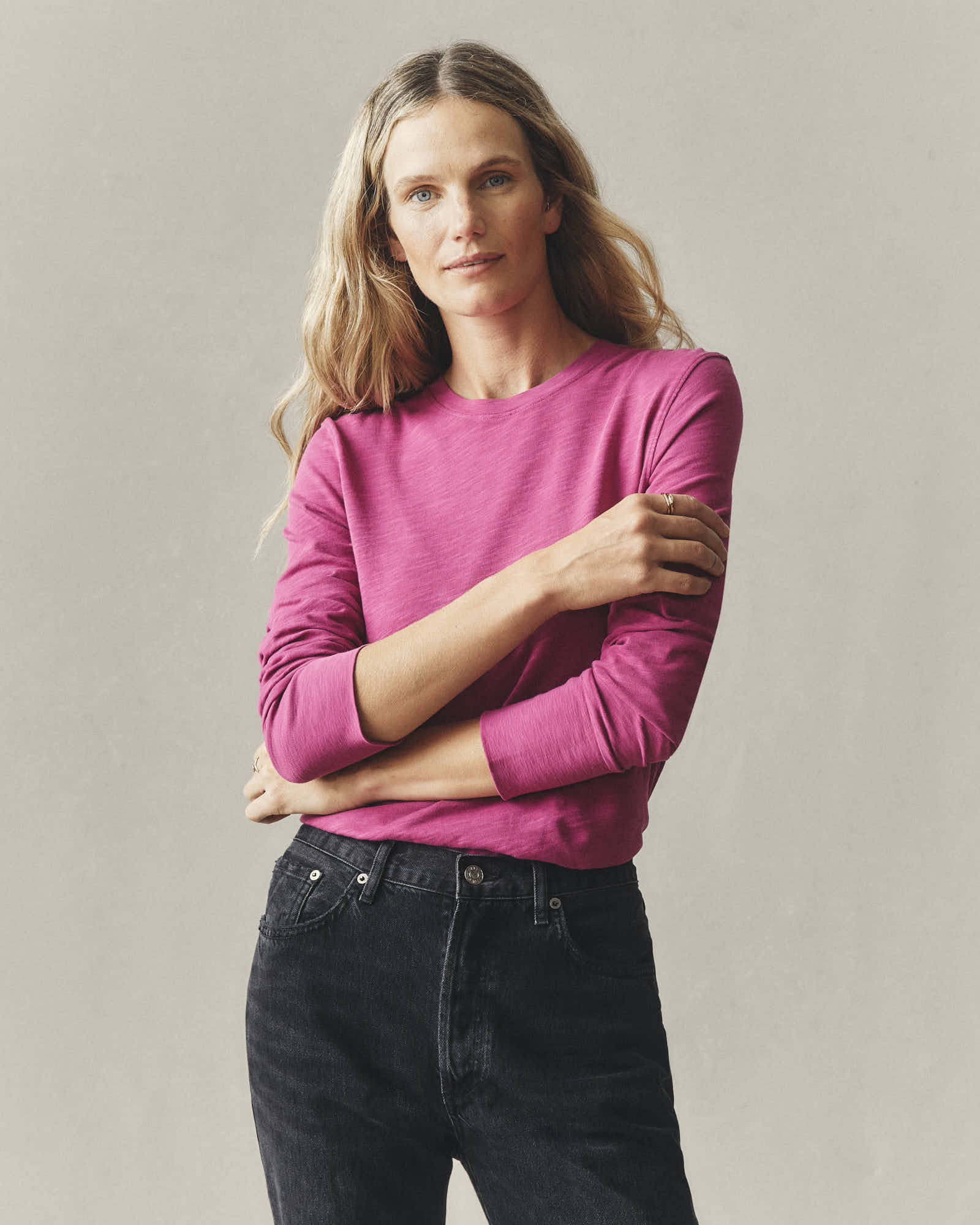 Women's Premium Slub Crew Long Sleeve Tee - Festive Fuchsia - Image 4