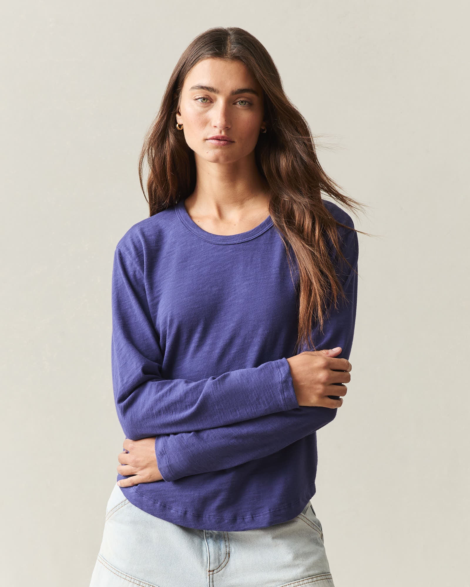 Women's Premium Slub Curved Hem Long Sleeve - Navy Blue - Image 2