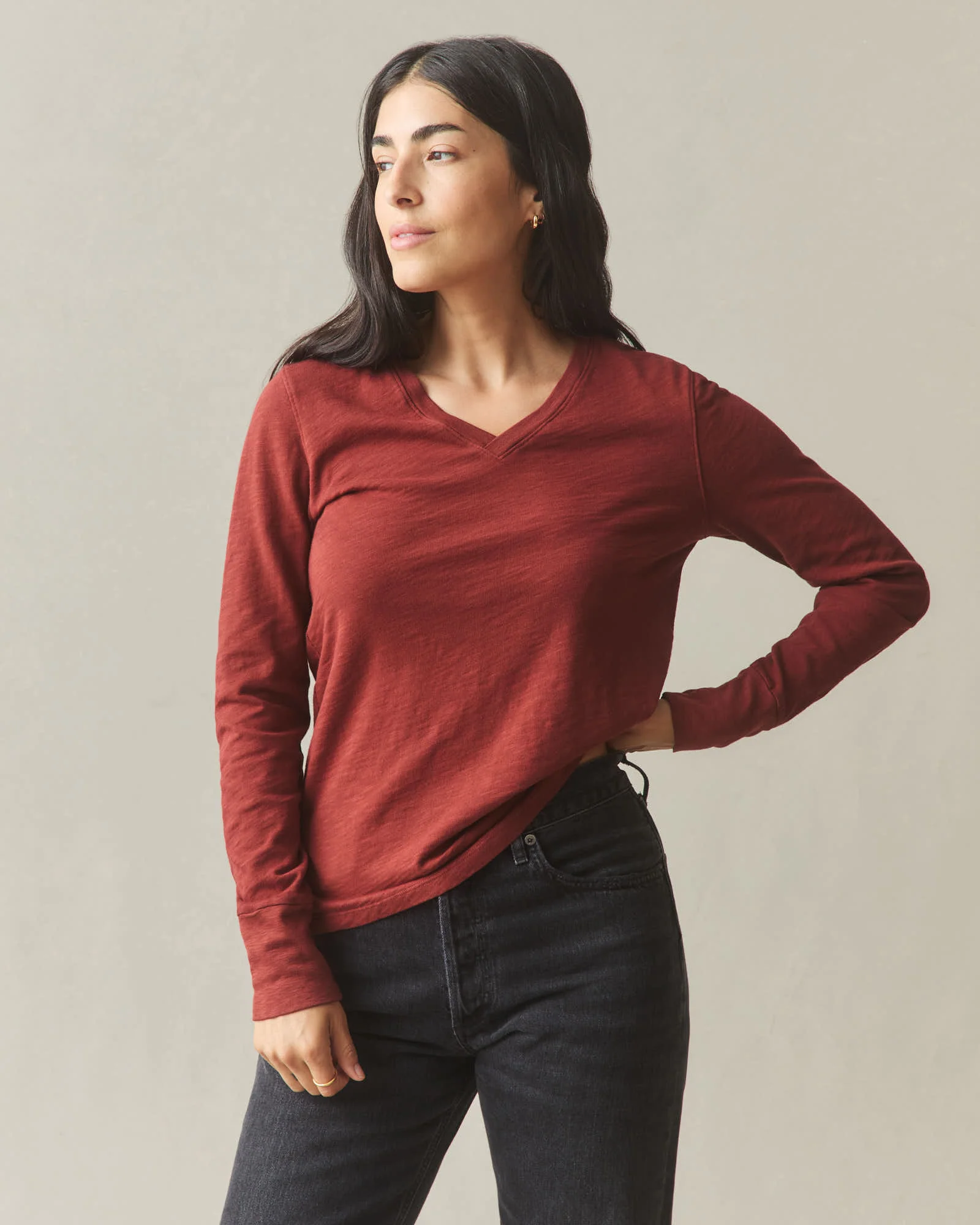 Women's Premium Slub Long Sleeve V-Neck Tee - Russet Brown - Image 2