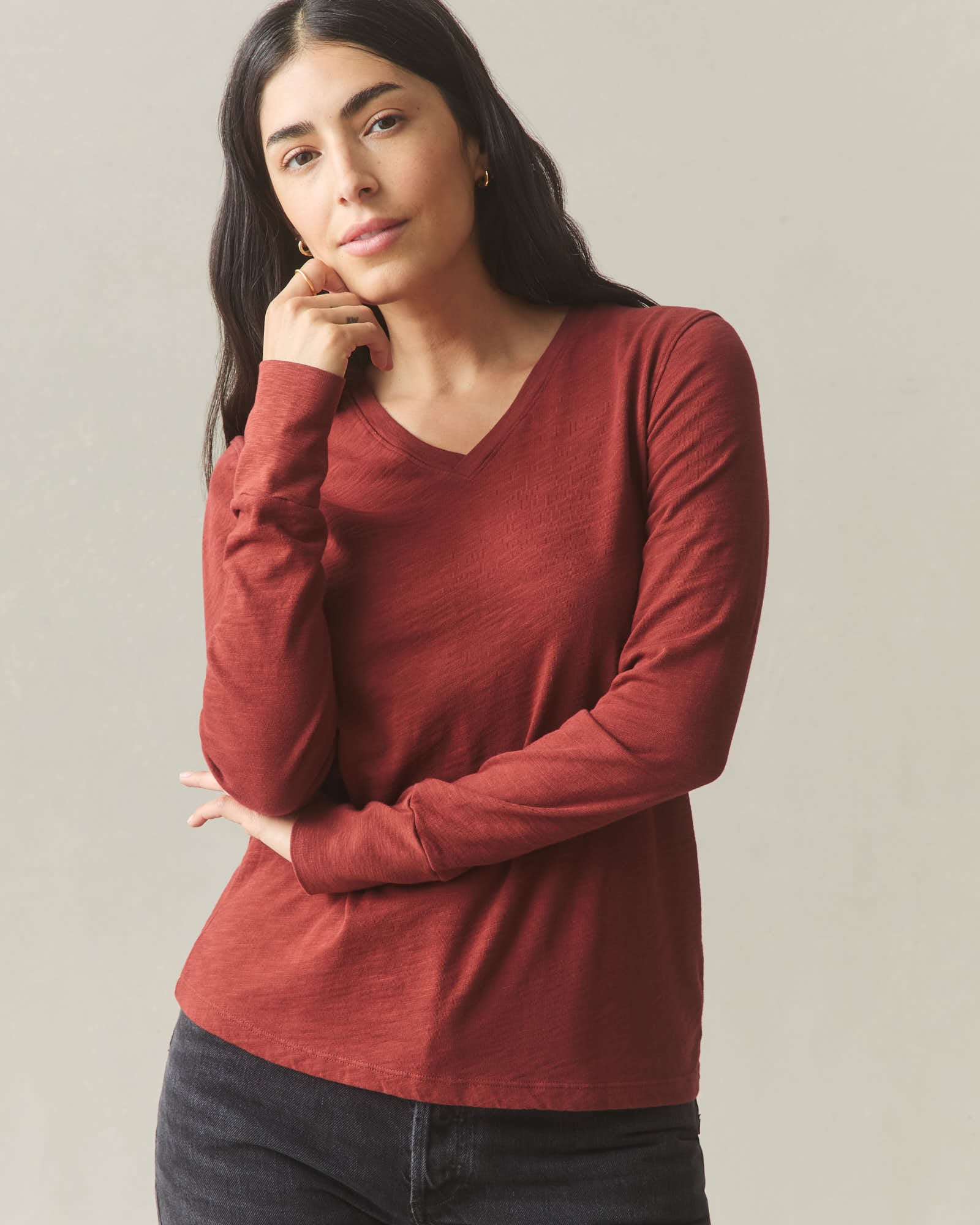 Women's Premium Slub Long Sleeve V-Neck Tee - Russet Brown - Image 3
