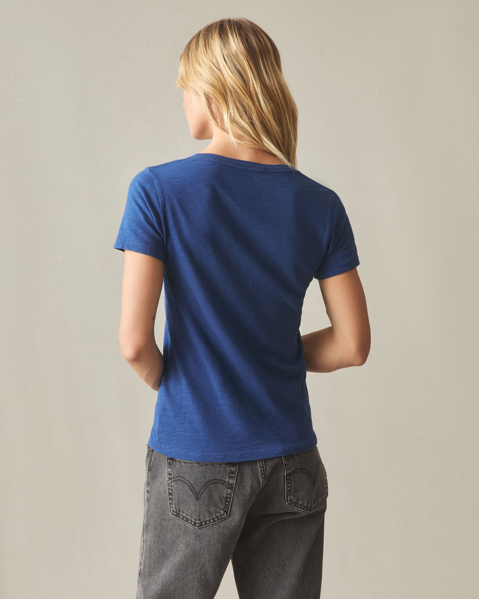 Women's Premium Slub V-Neck Tee - Navy Peony - Image 4