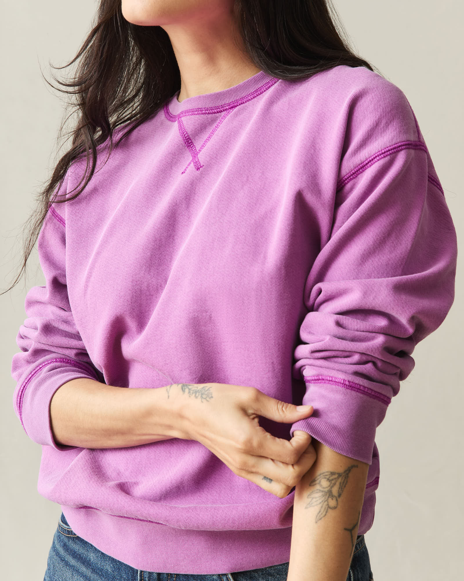 Women's Relaxed French Terry Crew - Cattleya Orchid - Image 3