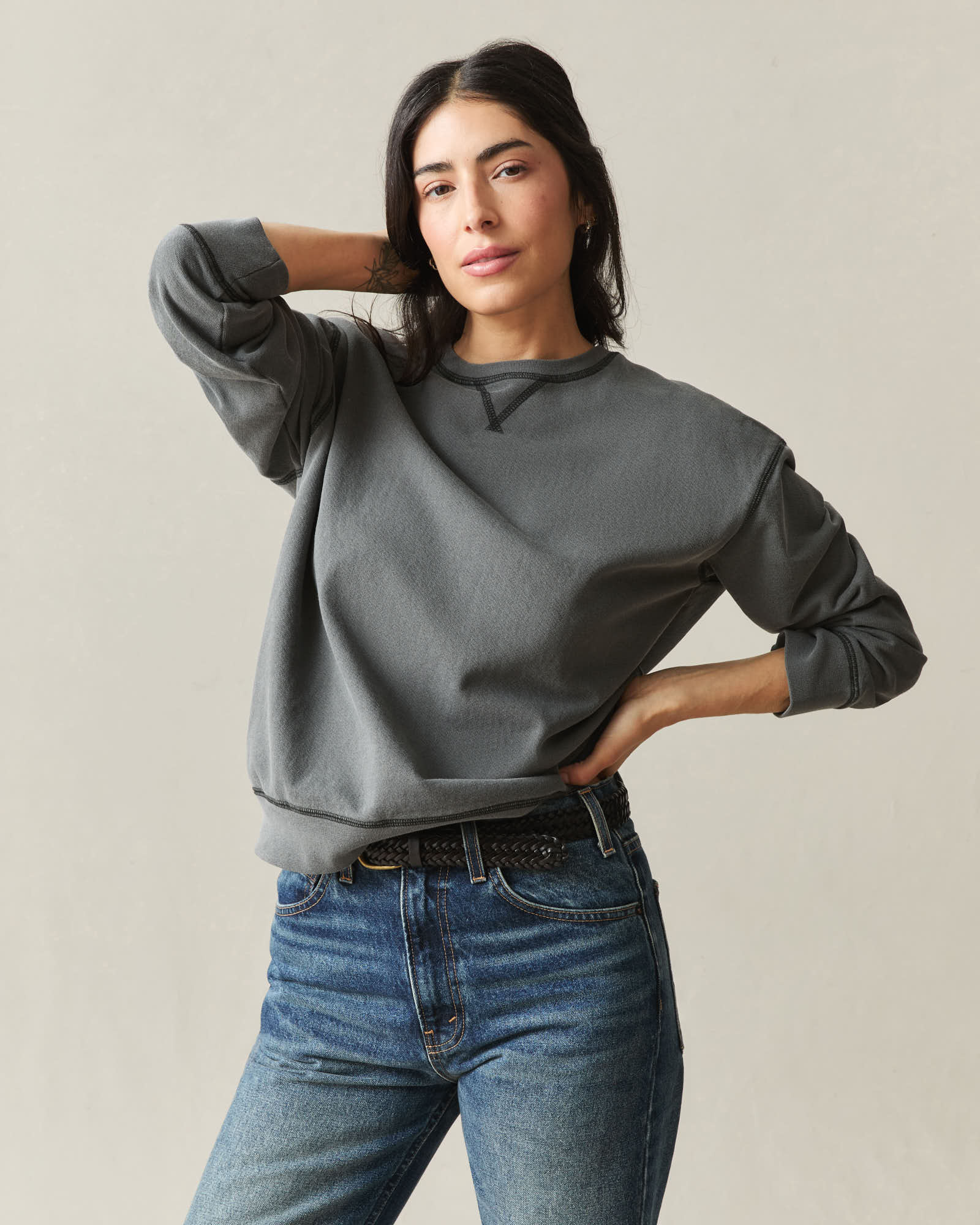 Women's Relaxed French Terry Crew - Grey Pinstripe - Image 2
