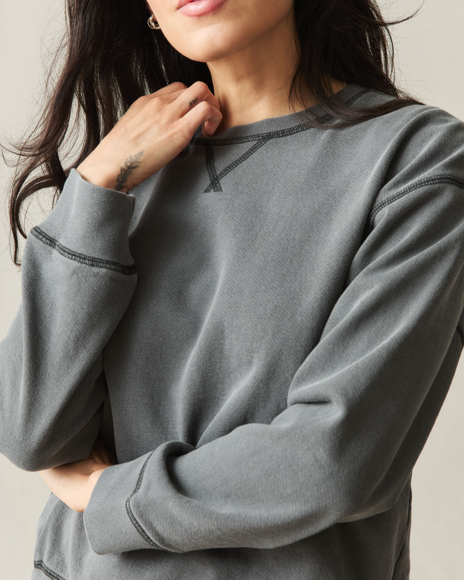 Women's Relaxed French Terry Crew - Grey Pinstripe - Image 4