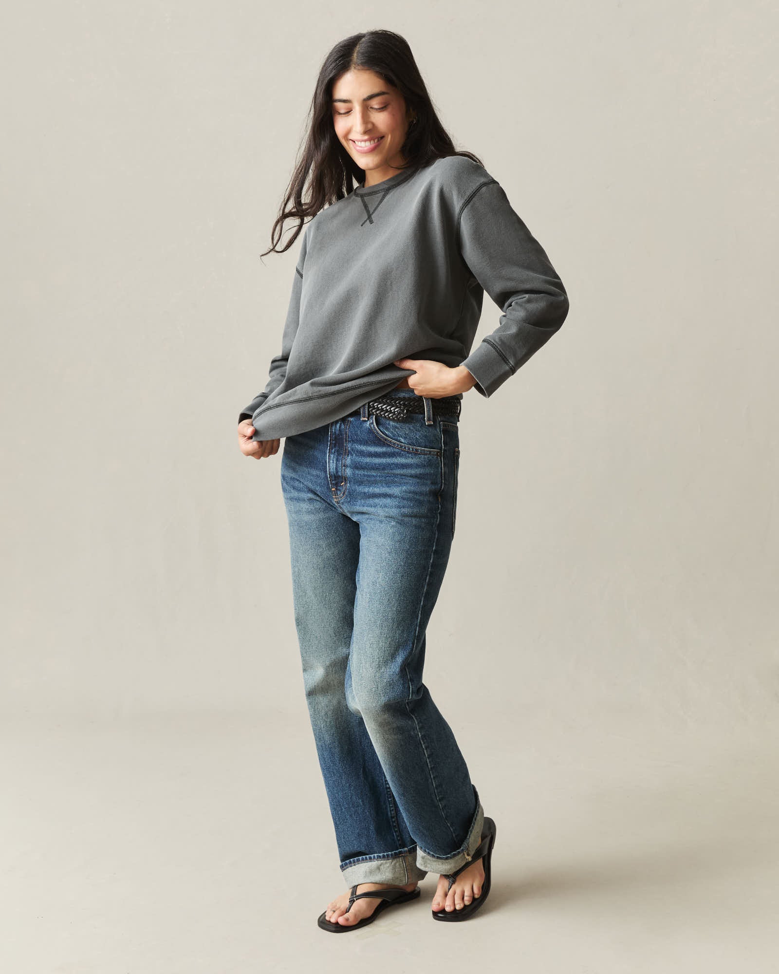 Women's Relaxed French Terry Crew - Grey Pinstripe - Image 6