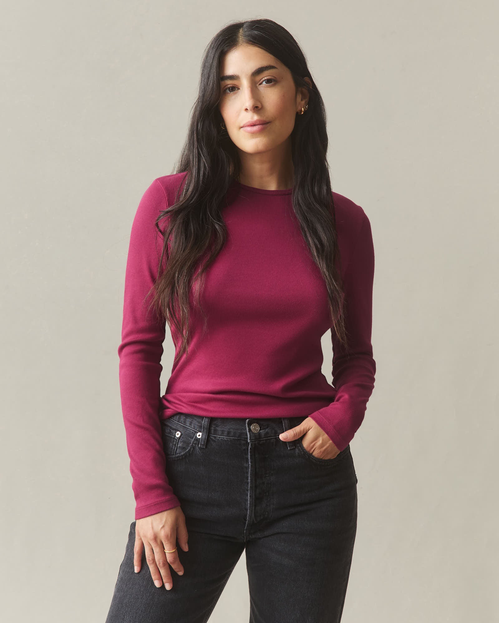 Women's Luxe Rib Crew Long Sleeve - Beet Red - Image 2