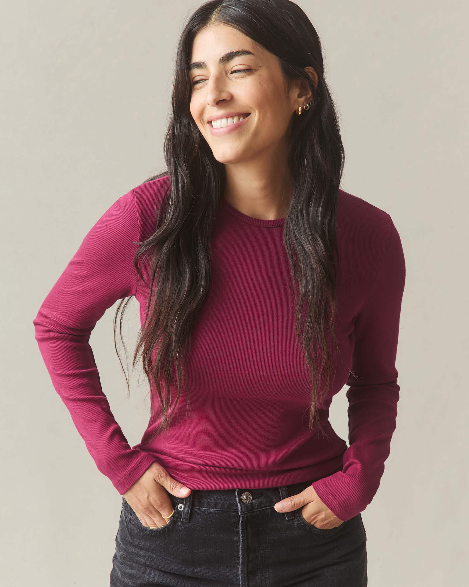 Women's Luxe Rib Crew Long Sleeve - Beet Red - Image 3
