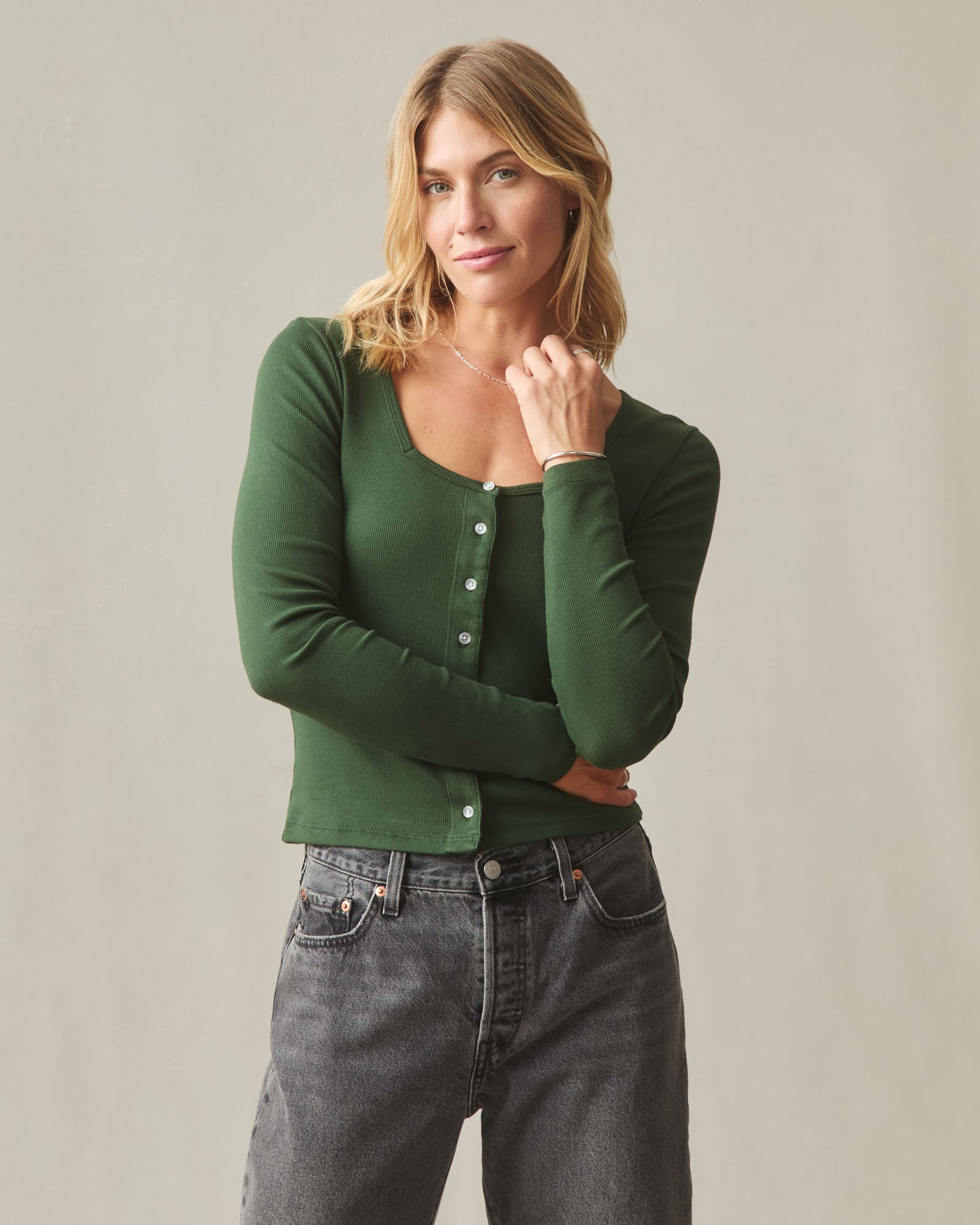 Women's Luxe Rib Square Neck Cardigan - Green Moss - Image 4