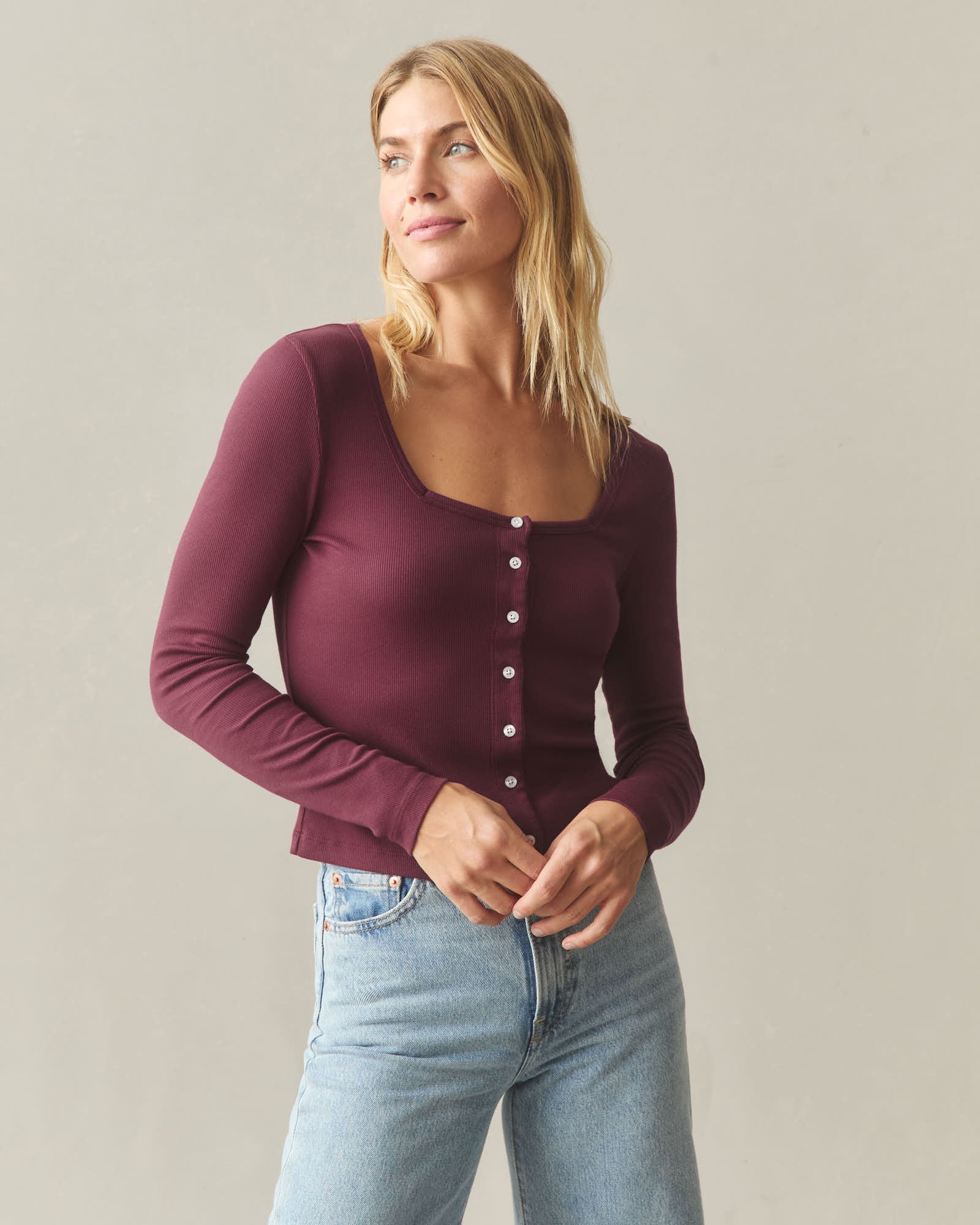 Women's Luxe Rib Square Neck Cardigan - Pomegranate - Image 2