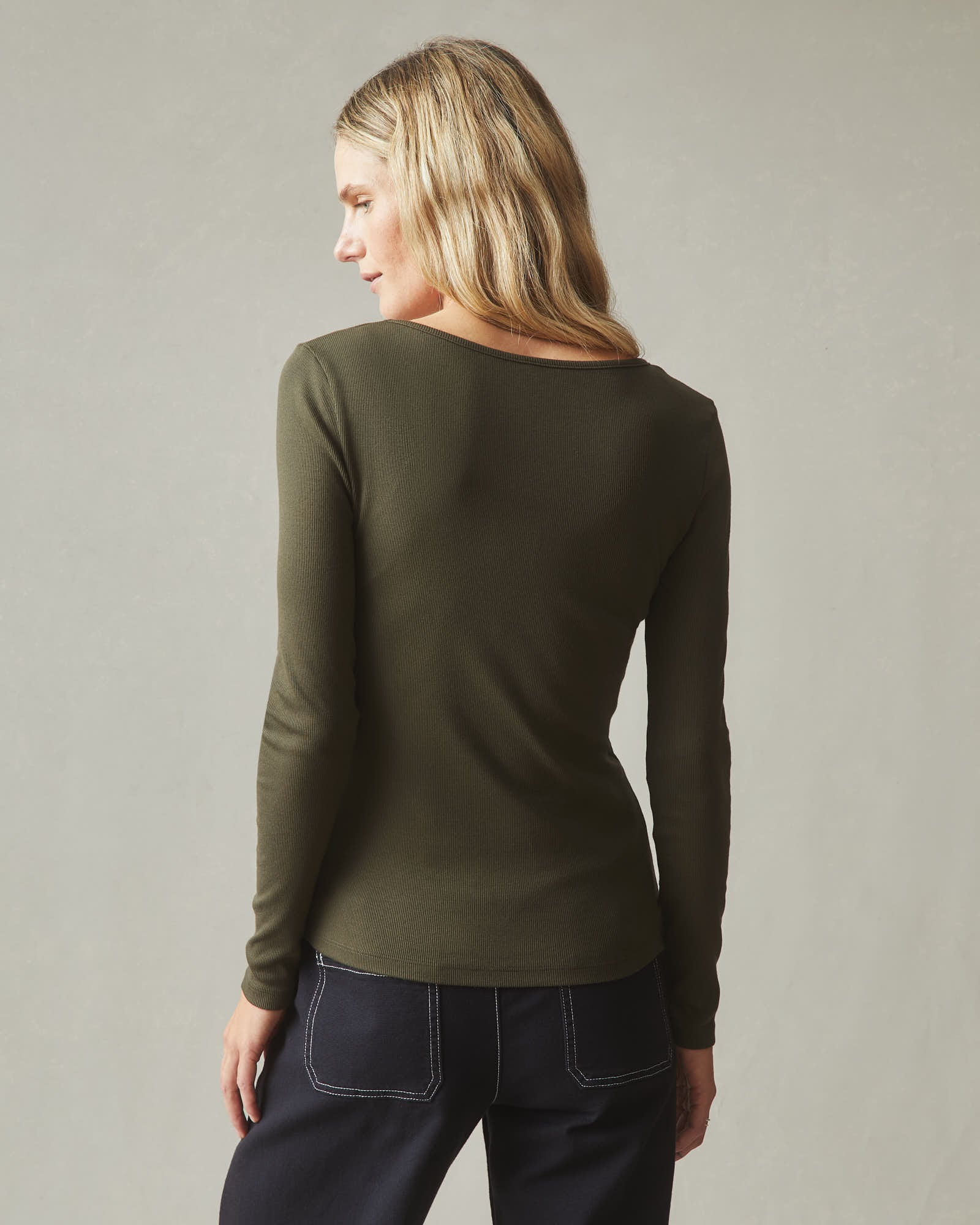 Women's Luxe Rib Square Neck Long Sleeve - Deep Olive - Image 4