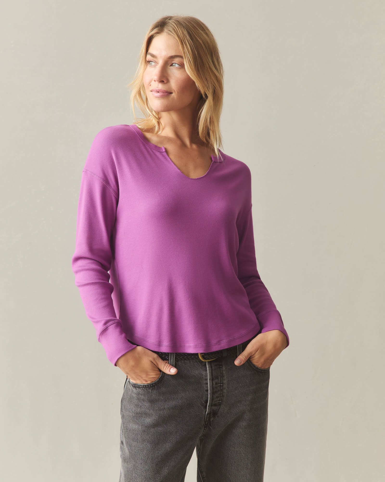 Women's Luxe Rib V-Notch Long Sleeve - Beauty Berry - Image 2