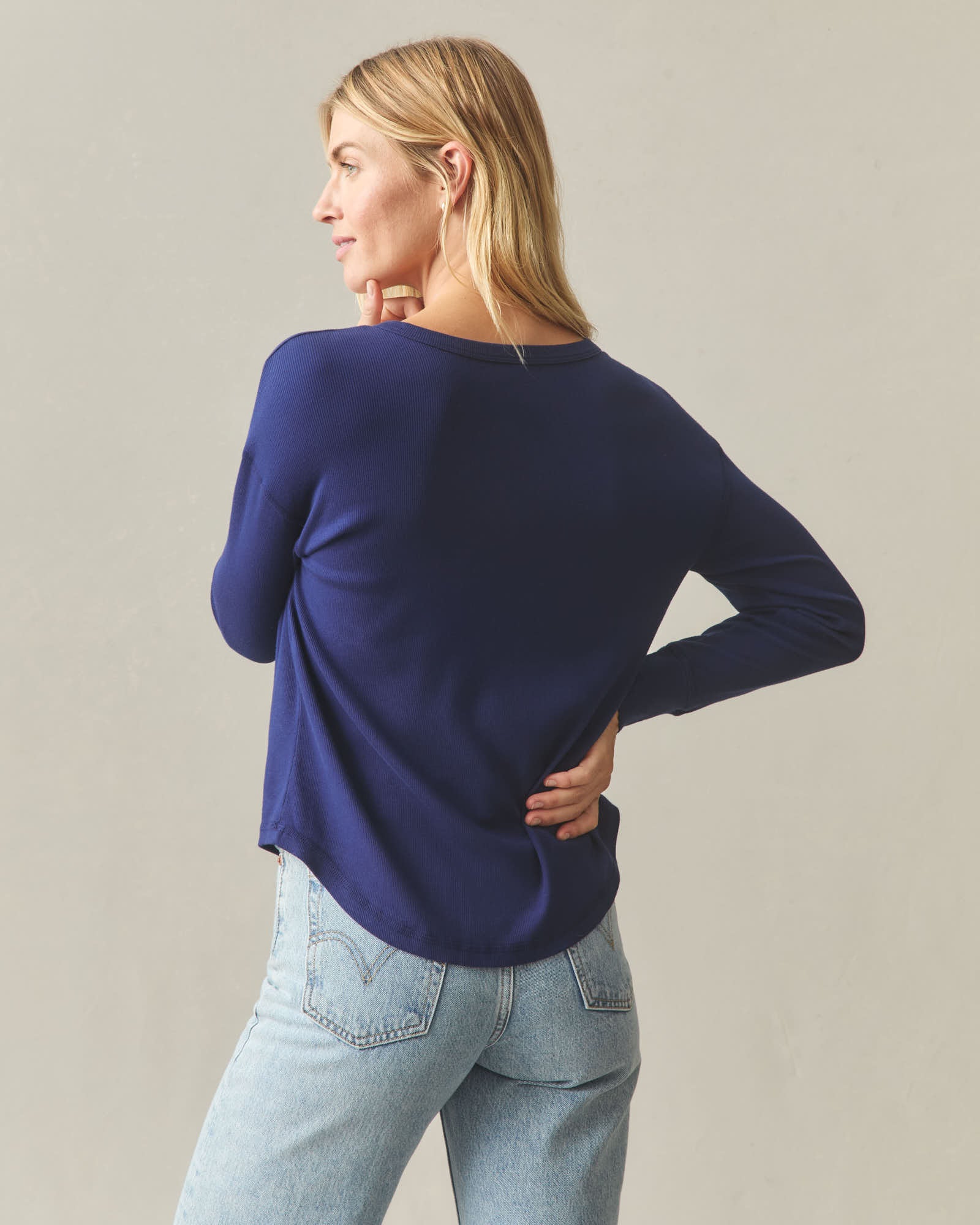 Women's Luxe Rib V-Notch Long Sleeve - Blueprint - Image 3