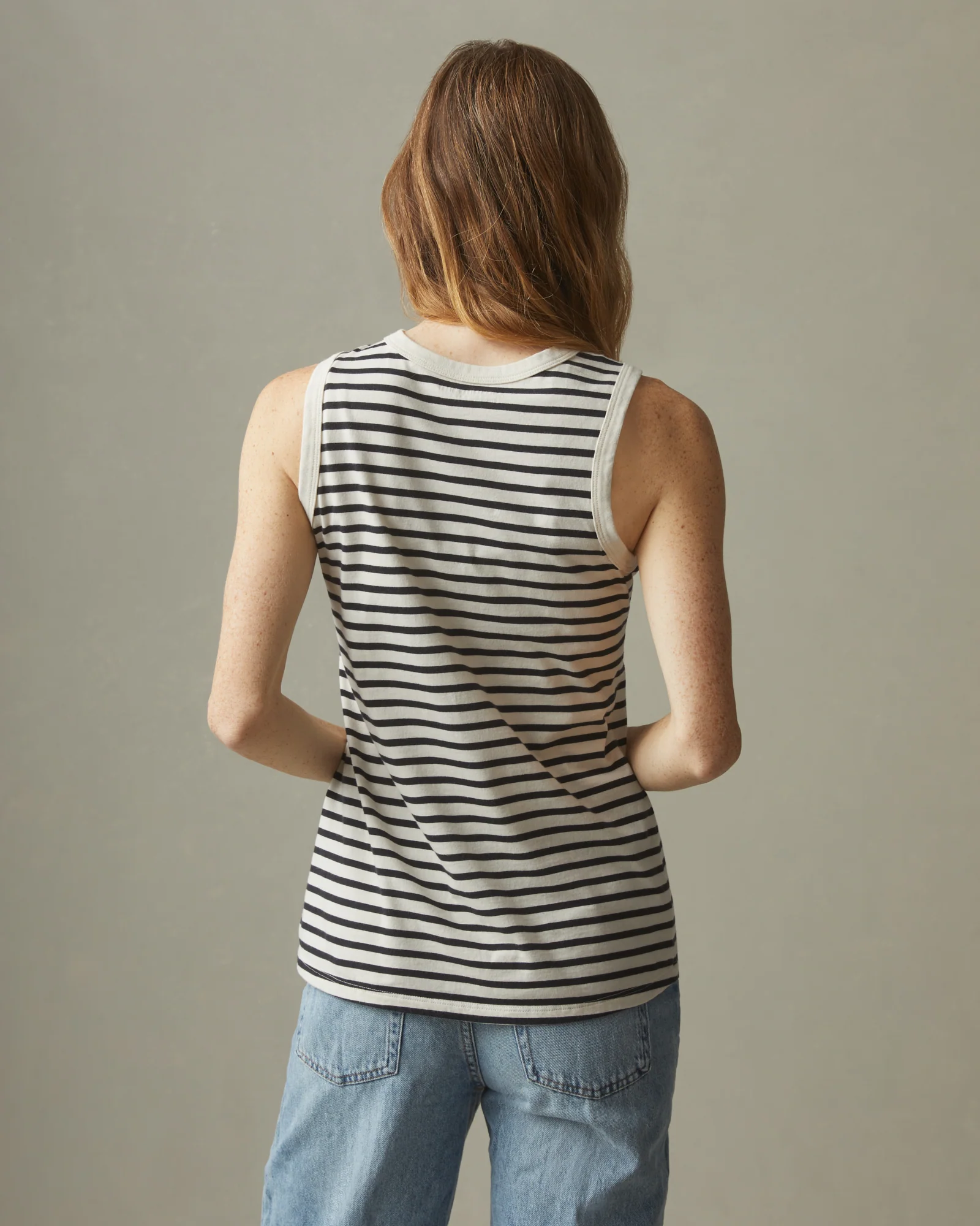 Women's Striped Classic Cotton Muscle Tank - Turtledove / Dark Navy - Image 2